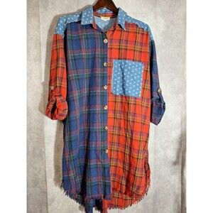 Umgee Plaid Denim Patchwork Shirt‎ Dress Sz M Country Western Oversized Grunge